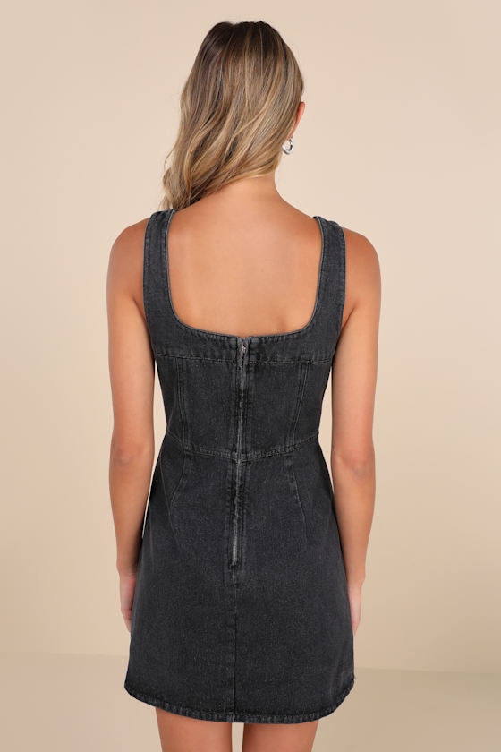 So Delighted Washed Black Denim Corset Seam Mini Dress
