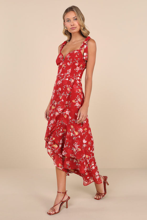 So Elevated Red Floral Jacquard Tie-Strap High-Low Midi Dress