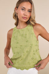 Pleasant Personality Green Floral Embroidered Crew Neck Tank Top