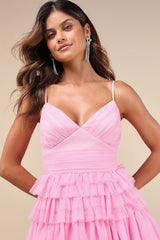 Special Poise Pink Tulle Pleated Sleeveless Tiered Mini Dress