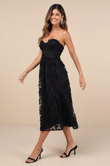 Quite Perfect Black Floral Embroidered Strapless Midi Dress