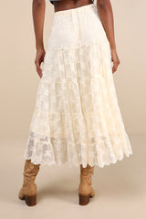 Exceptionally Graceful Cream Lace High-Rise Tiered Midi Skirt