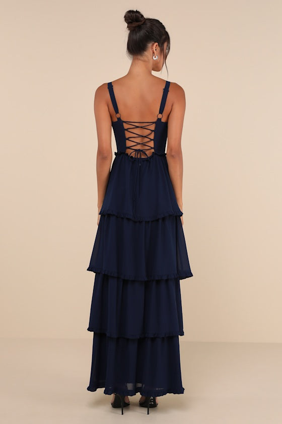 Sophisticated Occasion Navy Blue Bustier Lace-Up Maxi Dress
