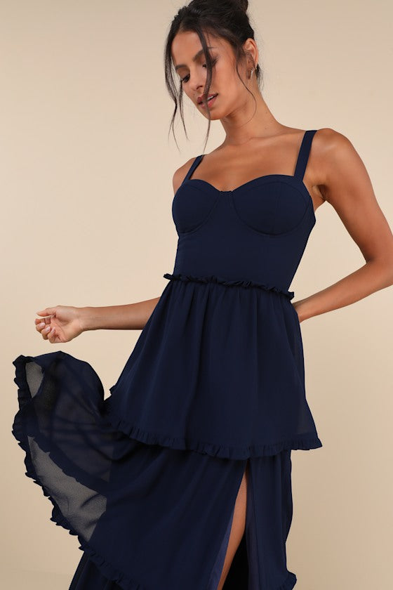 Sophisticated Occasion Navy Blue Bustier Lace-Up Maxi Dress