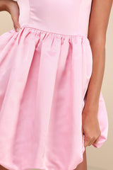 Regal Cutie Light Pink Satin Square Neck Bubble-Hem Mini Dress