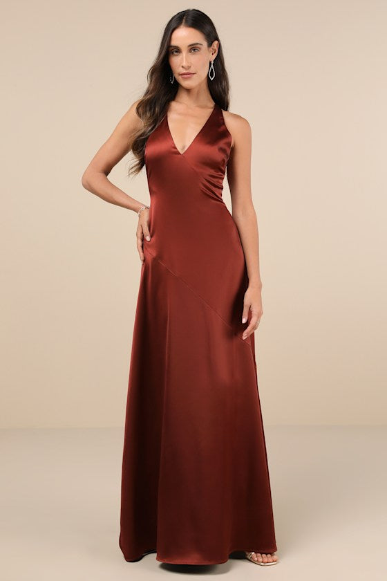 Purely Elegant Rust Brown Satin Twist-Back Maxi Dress