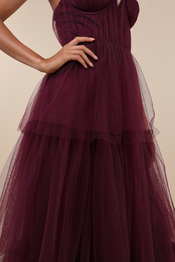 Unforgettable Poise Plum Purple Tulle Bustier Tiered Maxi Dress