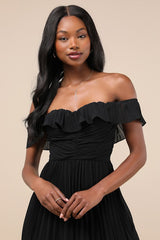 Always Remarkable Black Pleated Off-the-Shoulder Maxi Dress