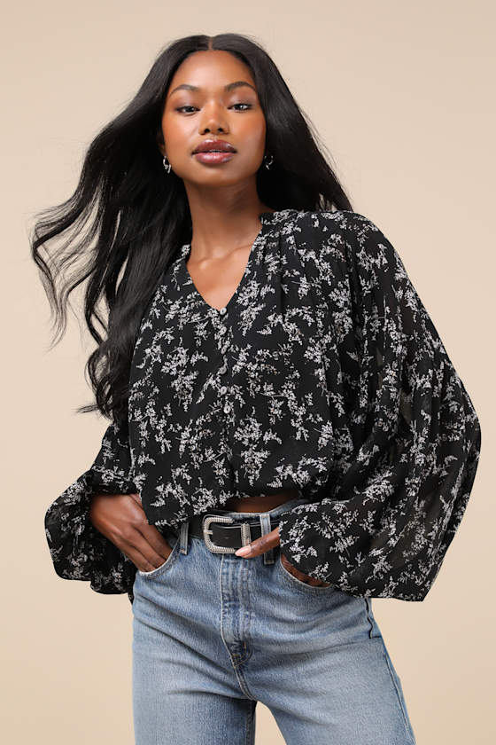 Season of Blooms Black Floral Print Balloon Sleeve Top