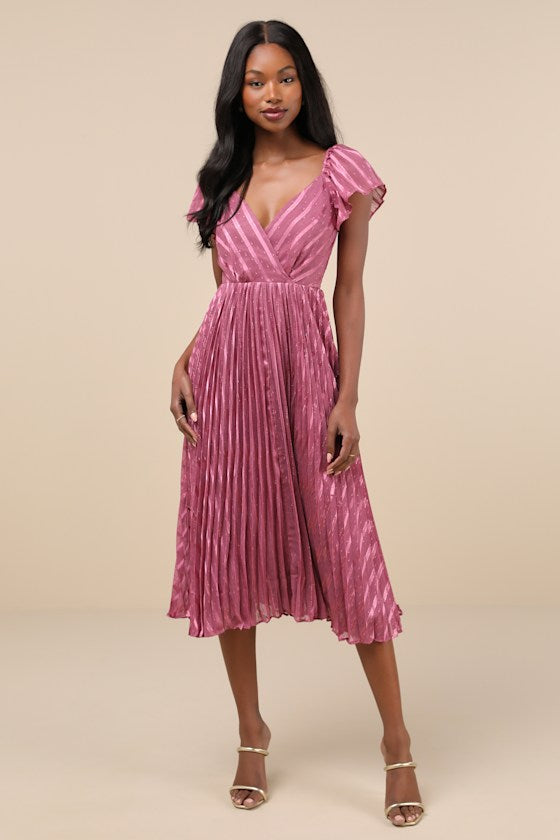 Standout Sophistication Mauve Lurex Flutter Sleeve Midi Dress
