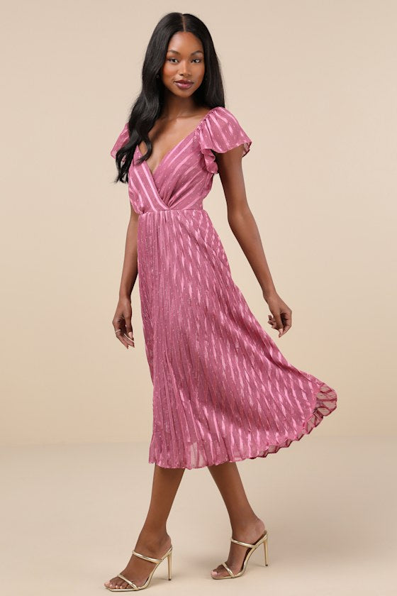 Standout Sophistication Mauve Lurex Flutter Sleeve Midi Dress
