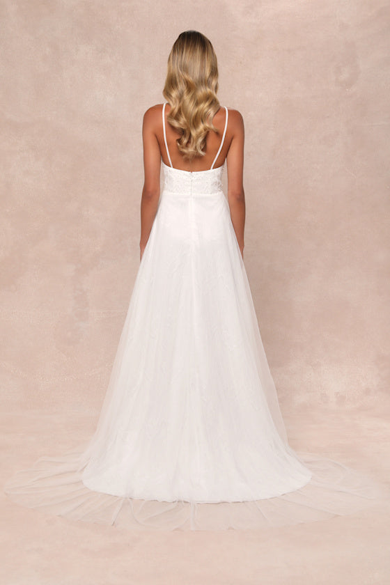 Love Perfection White Lace Tulle Pearl Beaded Maxi Dress