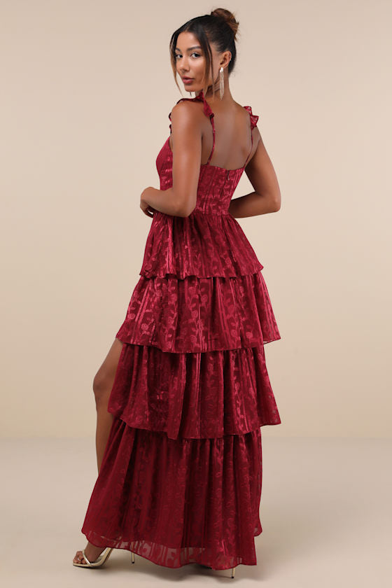 Stunning Glory Wine Red Floral Jacquard Tiered Maxi Dress