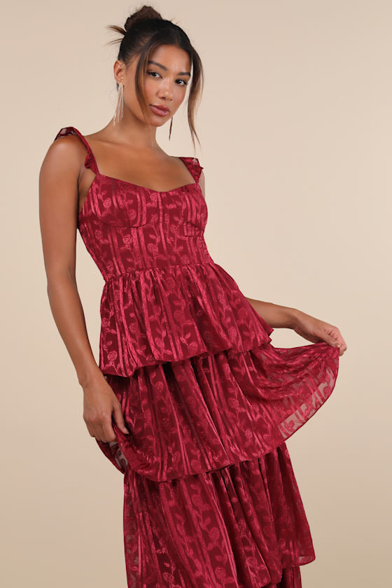 Stunning Glory Wine Red Floral Jacquard Tiered Maxi Dress