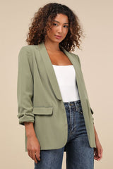 Superior Aesthetic Olive Three-Quarter Sleeve Ruched Blazer