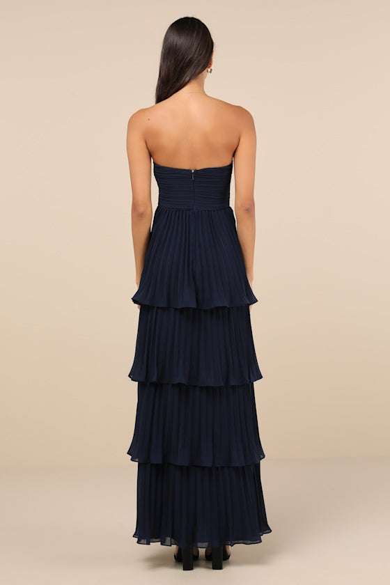 Seriously Sensational Navy Blue Strapless Tiered Maxi Dress