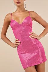 Immaculate Energy Shiny Pink Dotted Mesh Bodycon Mini Dress