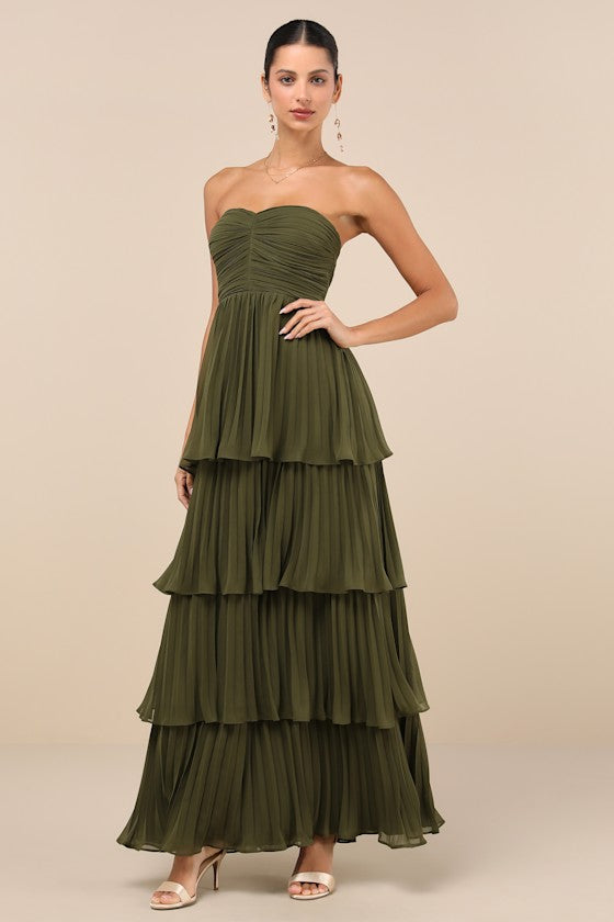 Seriously Sensational Olive Green Strapless Tiered Maxi Dress
