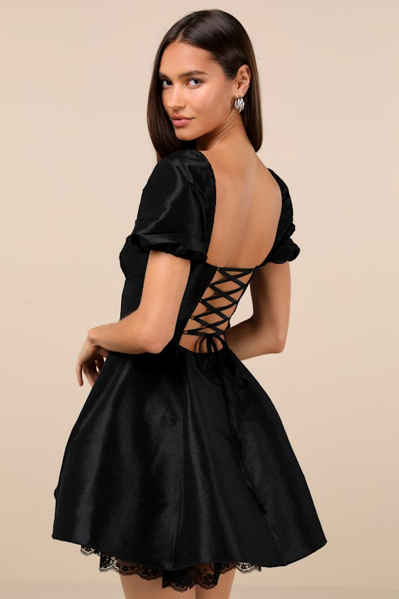 Enchanting Presence Black Taffeta Lace Puff Sleeve Mini Dress