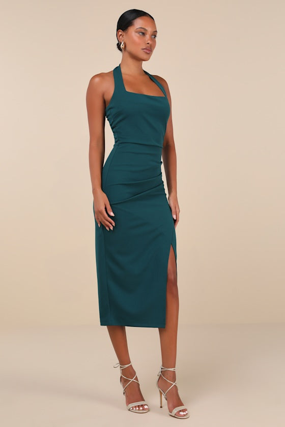 Prominent Charm Emerald Halter Bodycon Tulip Midi Dress