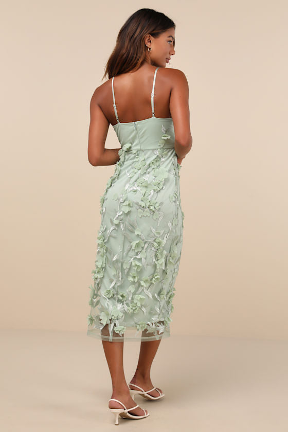 Limitless Adoration Sage Green 3D Floral Embroidered Midi Dress