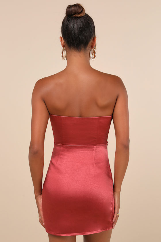 Enticing Aesthetic Rusty Rose Satin Lace-Up Strapless Mini Dress
