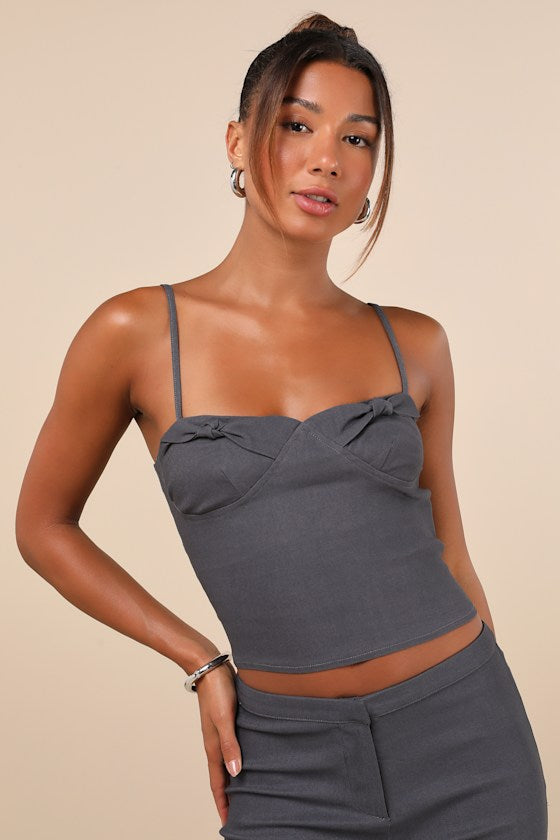 Katira Charcoal Grey Knotted Bustier Cami Crop Top