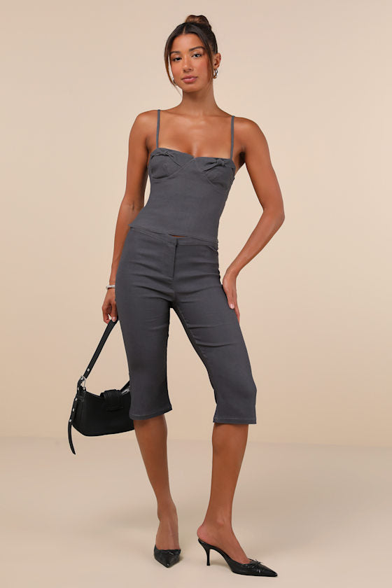 Katira Charcoal Grey Knotted Bustier Cami Crop Top
