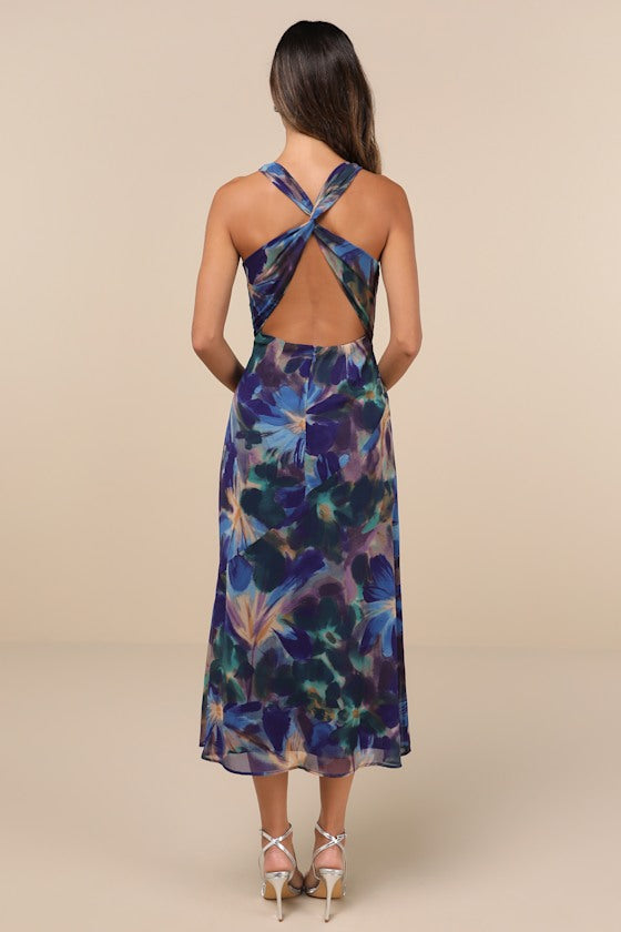 Delight in Elegance Navy Blue Multi Floral Halter Midi Dress