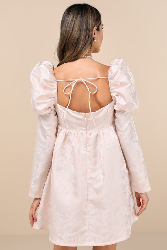 Lavish Sweetie Blush Jacquard Puff Shoulder Babydoll Mini Dress