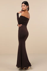 Effortlessly Stunning Dark Brown Off-the-Shoulder Maxi Dress