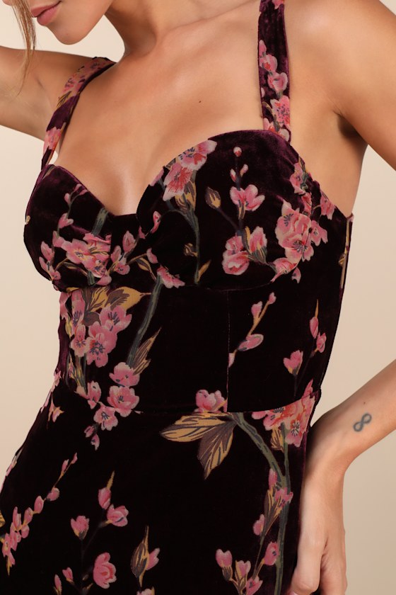 Romantic Stunner Plum Floral Burnout Velvet Lace-Up Dress
