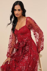 Darling Charisma Wine Red Mesh Embroidered Midi Dress