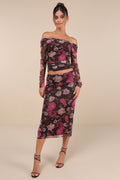 Unforgettably Sweet Brown Floral Print Mesh High-Rise Midi Skirt