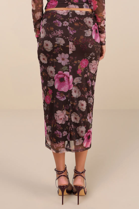 Unforgettably Sweet Brown Floral Print Mesh High-Rise Midi Skirt