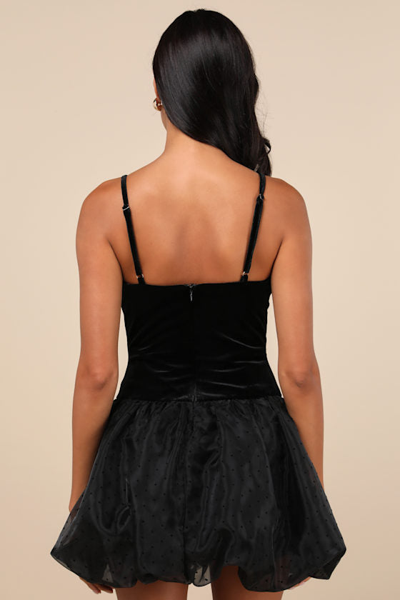 Coquette Energy Black Polka Dot Velvet Drop Waist Mini Dress