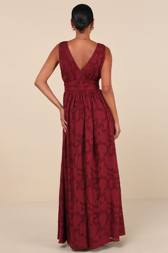 Sweet Sophistication Burgundy Burnout Floral Maxi Dress