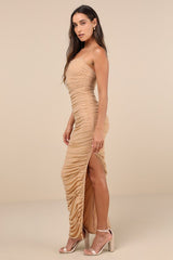 Sparkling Intuition Tan Mesh Rhinestone Ruched Maxi Dress