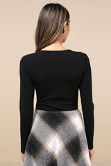 Lovely Ties Black Ribbed Knit Tie-Front Long Sleeve Bodysuit