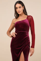 Lavish Style Dark Magenta Velvet Mesh One-Shoulder Maxi Dress