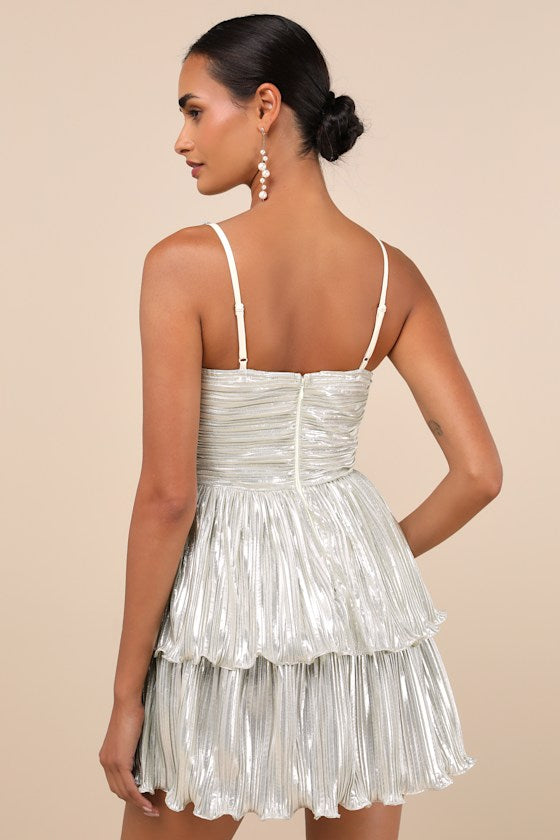 Glorious Shine Champagne Metallic Pearl Tiered Mini Dress