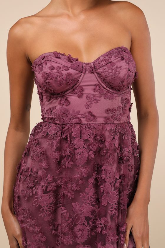 Quite Perfect Purple Floral Embroidered Strapless Midi Dress