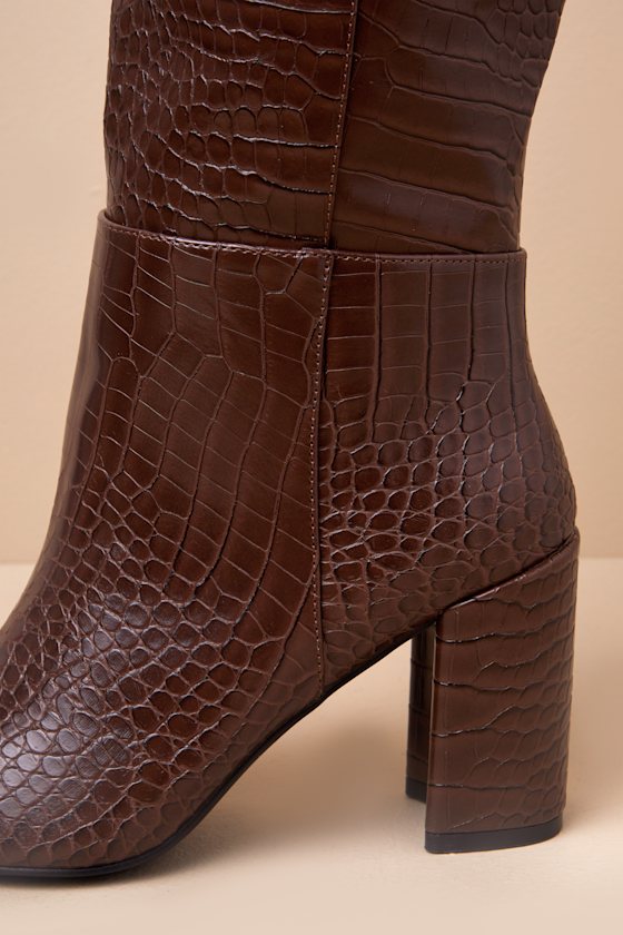 Katari Espresso Croc-Embossed Pointed-Toe Knee High Boots