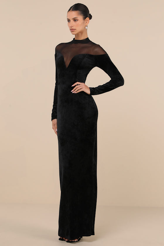 Exemplary Allure Black Velvet Mock Neck Long Sleeve Maxi Dress