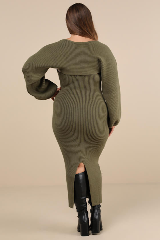 Autumn Aura Olive Green Ribbed Two-Piece Sweater Dress