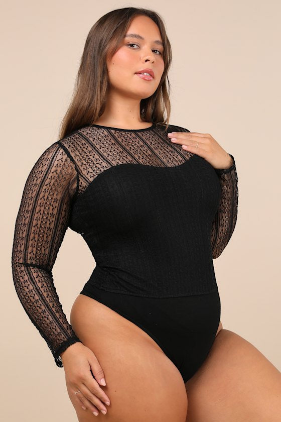 Sheer Passion Black Sheer Lace Long Sleeve Bodysuit