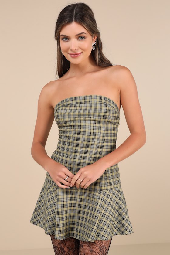 Hadia Yellow Plaid Strapless Drop Waist Mini Dress