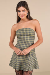Hadia Yellow Plaid Strapless Drop Waist Mini Dress