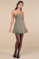 Hadia Yellow Plaid Strapless Drop Waist Mini Dress