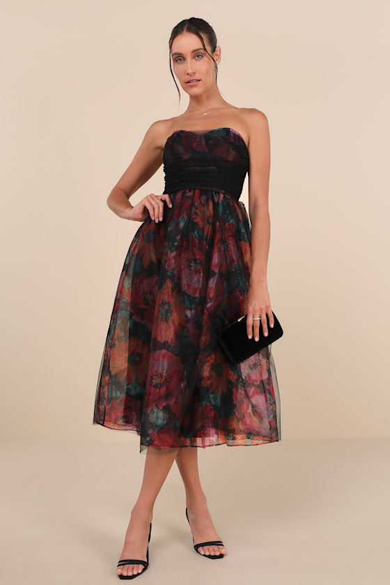 Splendidly Yours Black Floral Organza Mesh Strapless Midi Dress